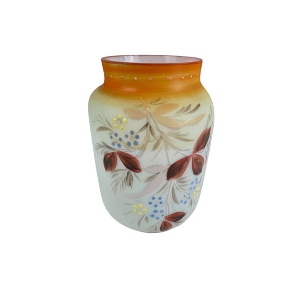 Hand-Painted Opaline Frosted Glass Vase Floral Design Gradient Orange Rim Home D
